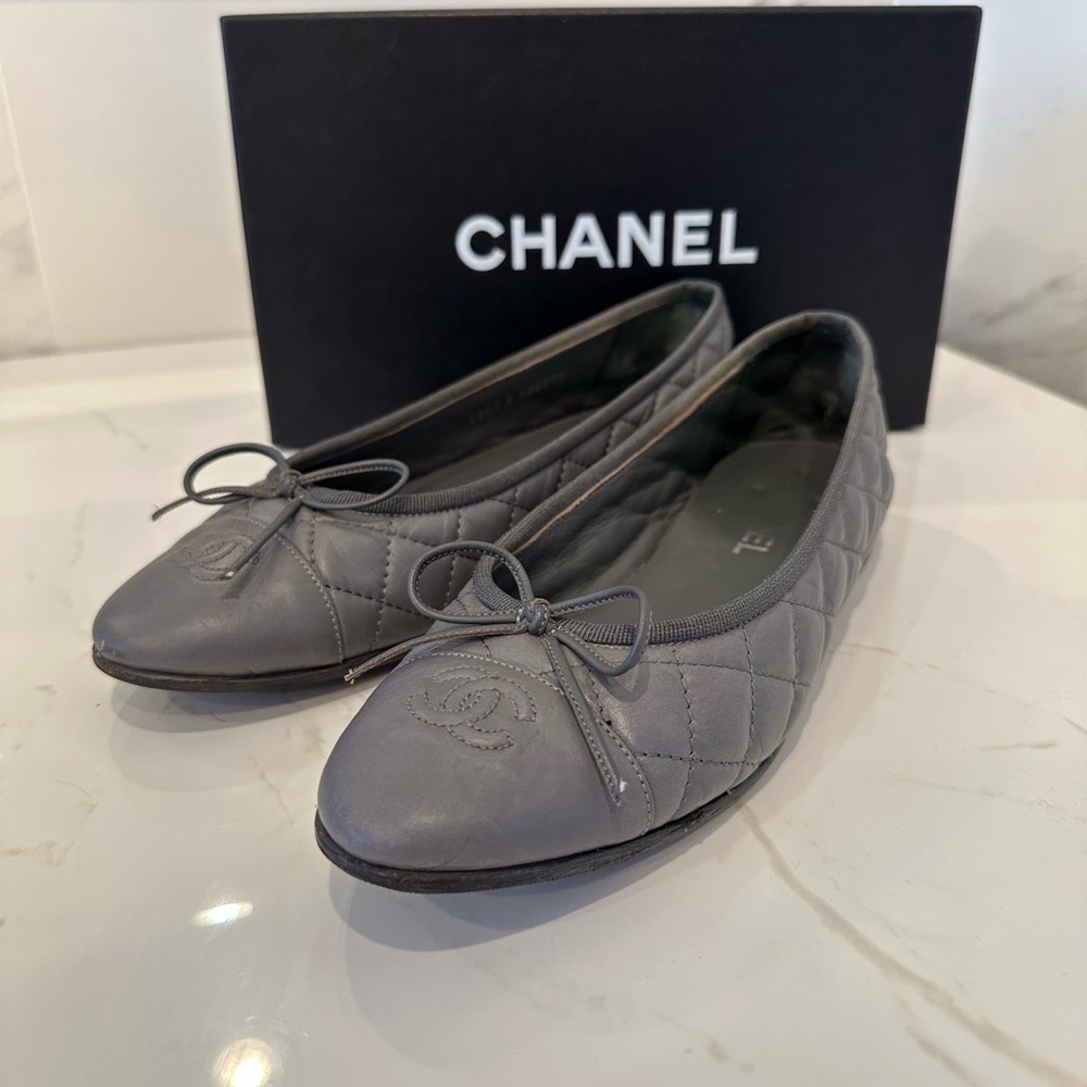 CHANEL Quilted Gray Ballet Flats